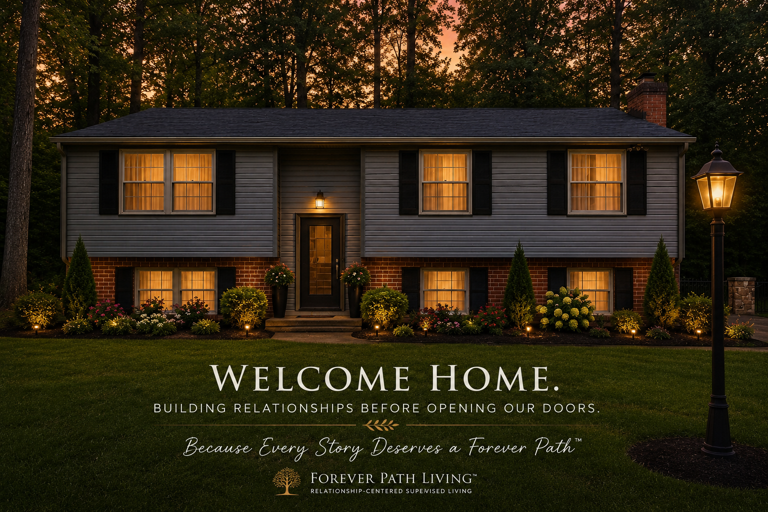 The Chasnell Home™ at dusk with warm lighting — Welcome Home. Building relationships before opening our doors. Because Every Story Deserves a Forever Path™.